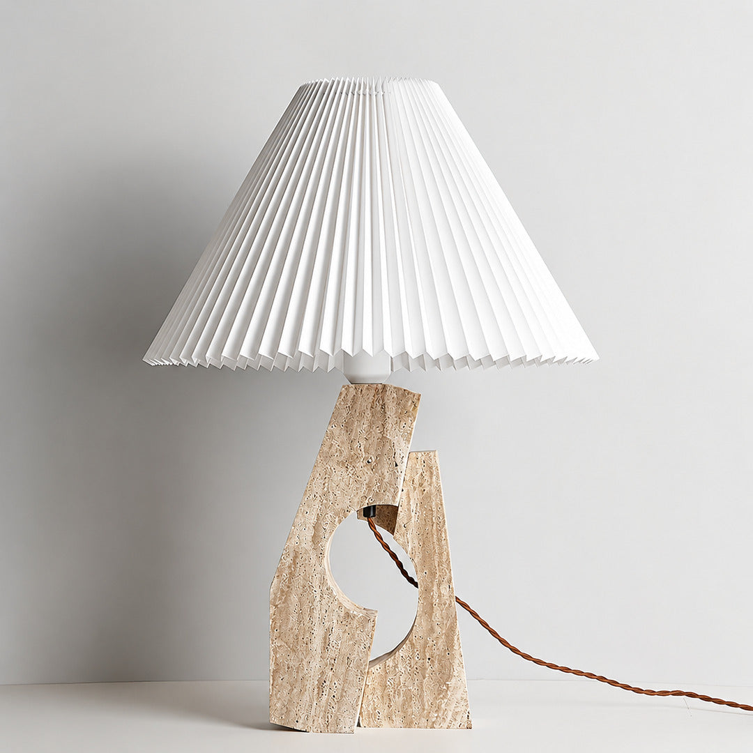 Colonna travertine table lamp yellow travertine stone pillar base white fabric shade sculptural minimalist white background front view