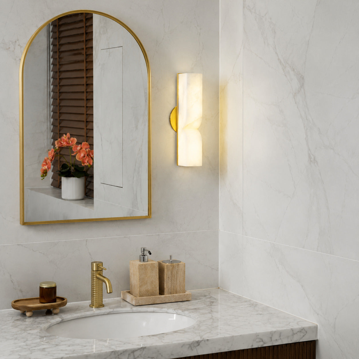Contatto alabaster wall sconce staircase stairwell wall tall carved natural stone warm glow American home lifestyle interior