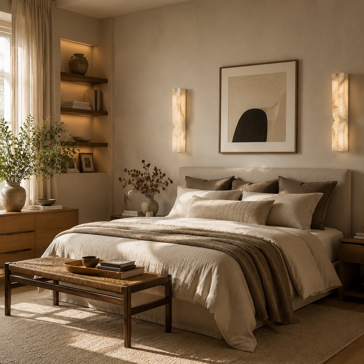 Contatto alabaster wall sconce modern minimalist bedroom carved natural stone quiet luxury organic American home lifestyle interior