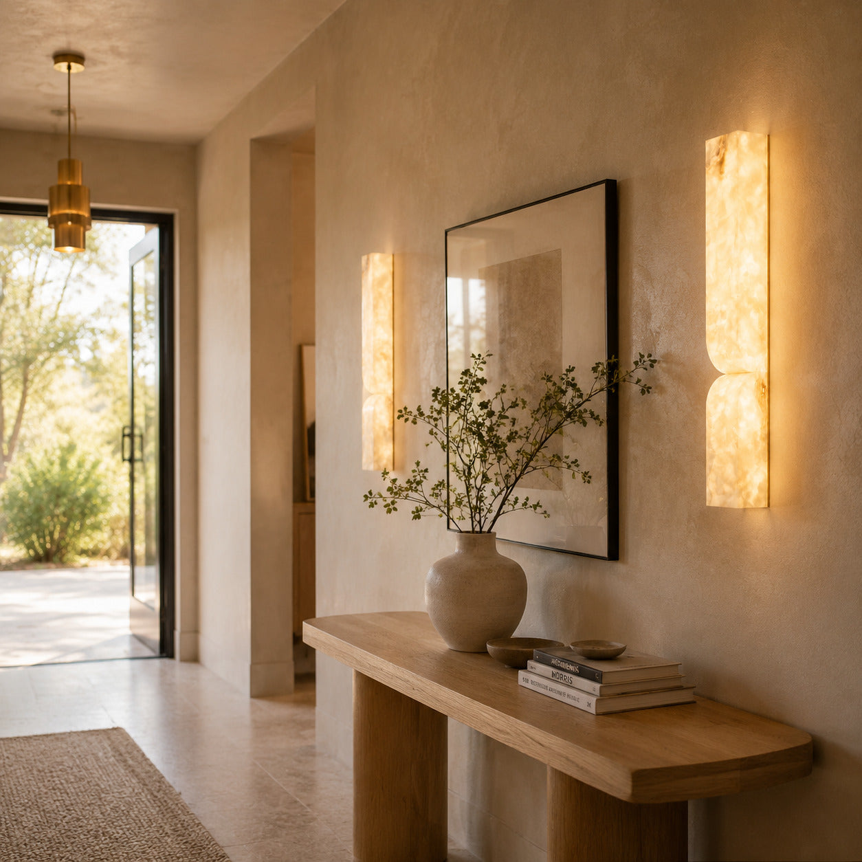 Contatto alabaster wall sconce entryway foyer carved natural stone warm welcoming modern American home lifestyle interior styled