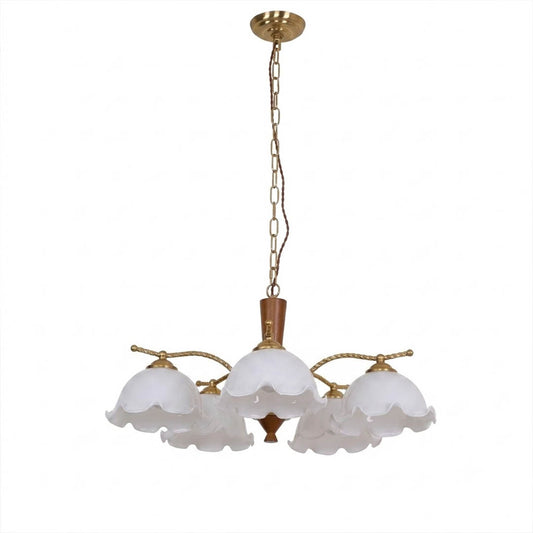Cora copper walnut wood chandelier 5 light grand milky white flower glass shades industrial vintage 27 inch white background