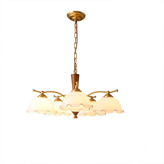 Cora copper walnut wood chandelier 5 light grand milky white flower glass shades industrial vintage 27 inch white background