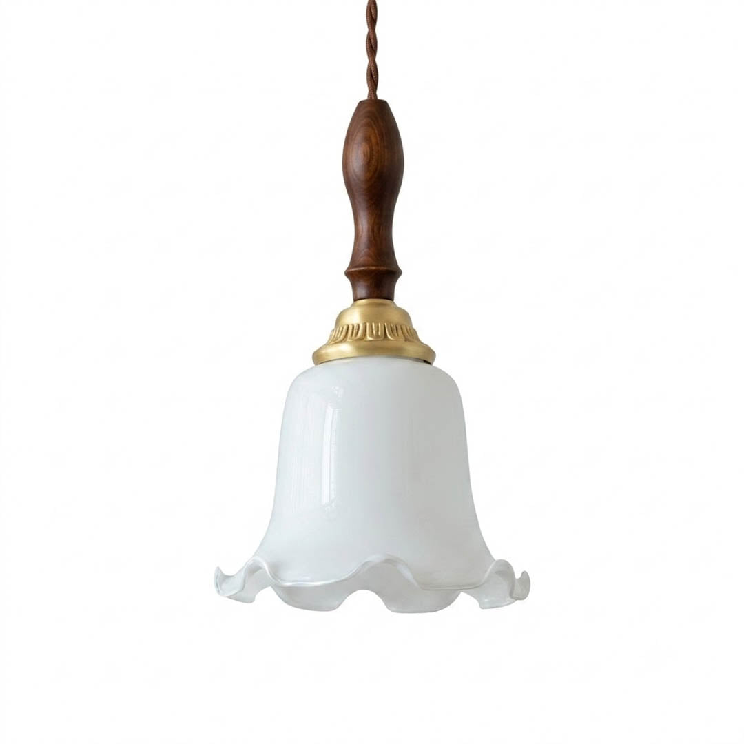 Cora Mini milky white glass flower pendant 5.9 inch brass collar ash wood top hand blown opaque white background