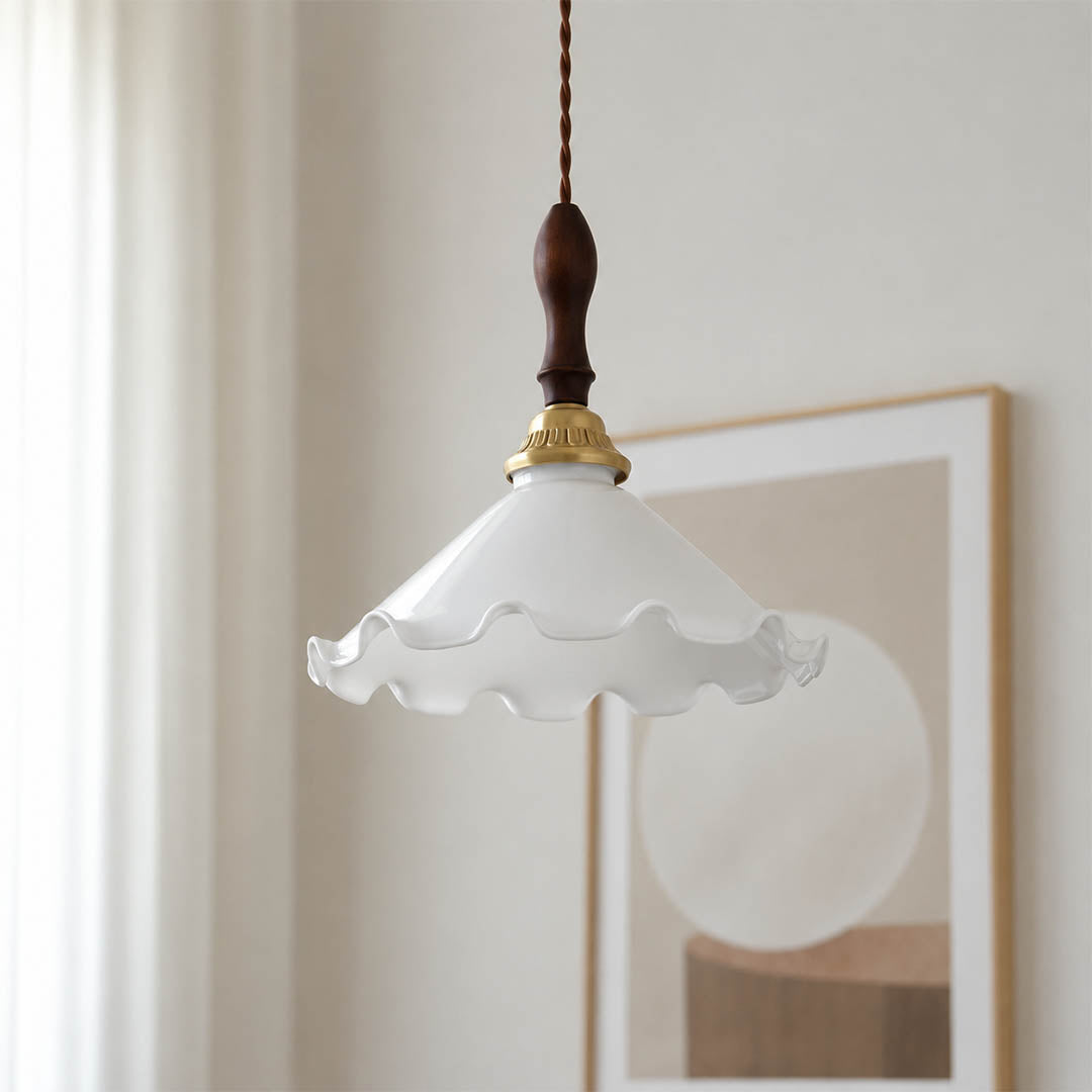 Cora Mini pendant milky opaque glass uniform soft glow no glare hand blown flower petals close up detail