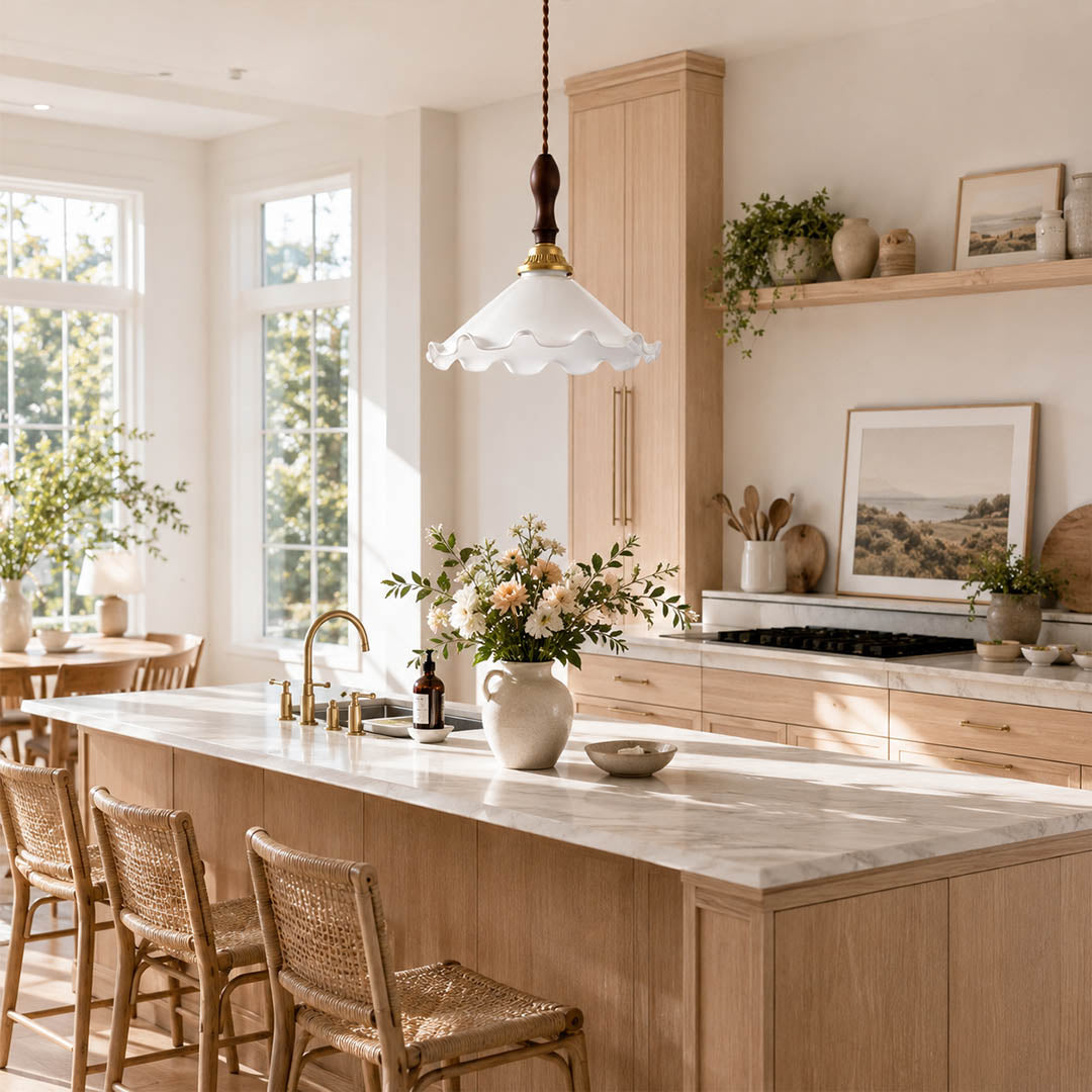 Cora Mini pendant cluster above long rectangular dining table modern open plan dining warm milky brass wood interior