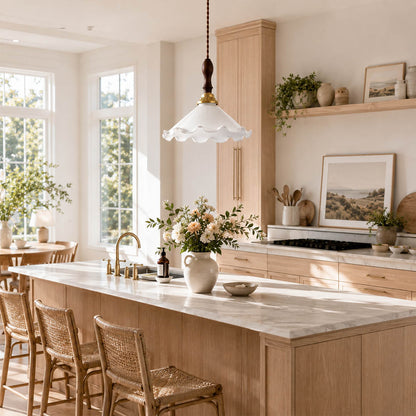 Cora Mini pendant cluster above long rectangular dining table modern open plan dining warm milky brass wood interior