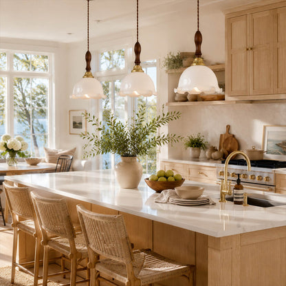 Cora Mini pendant cluster above long rectangular dining table modern open plan dining warm milky brass wood interior