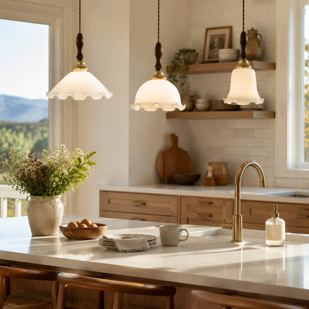Cora Mini pendant cluster of 3 above modern farmhouse kitchen island warm milky glow brass wood interior