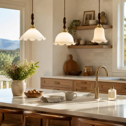 Cora Mini pendant cluster of 3 above modern farmhouse kitchen island warm milky glow brass wood interior