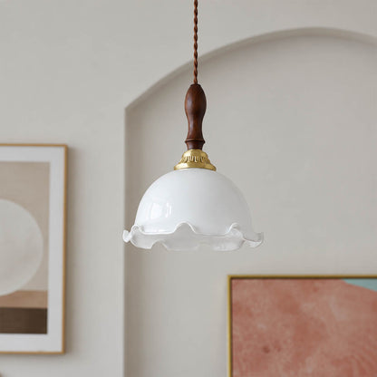 Cora Mini pendant milky opaque glass uniform soft glow no glare hand blown flower petals close up detail