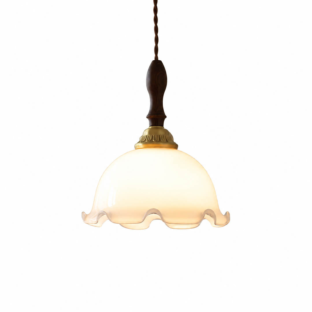 Cora Mini milky white glass flower pendant 7.9 inch brass collar ash wood top hand blown opaque white background