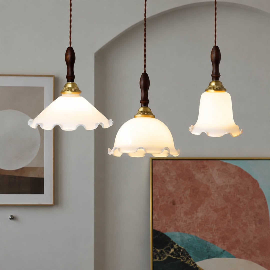 Cora Mini pendant cluster of 3 above modern farmhouse kitchen island warm milky glow brass wood interior