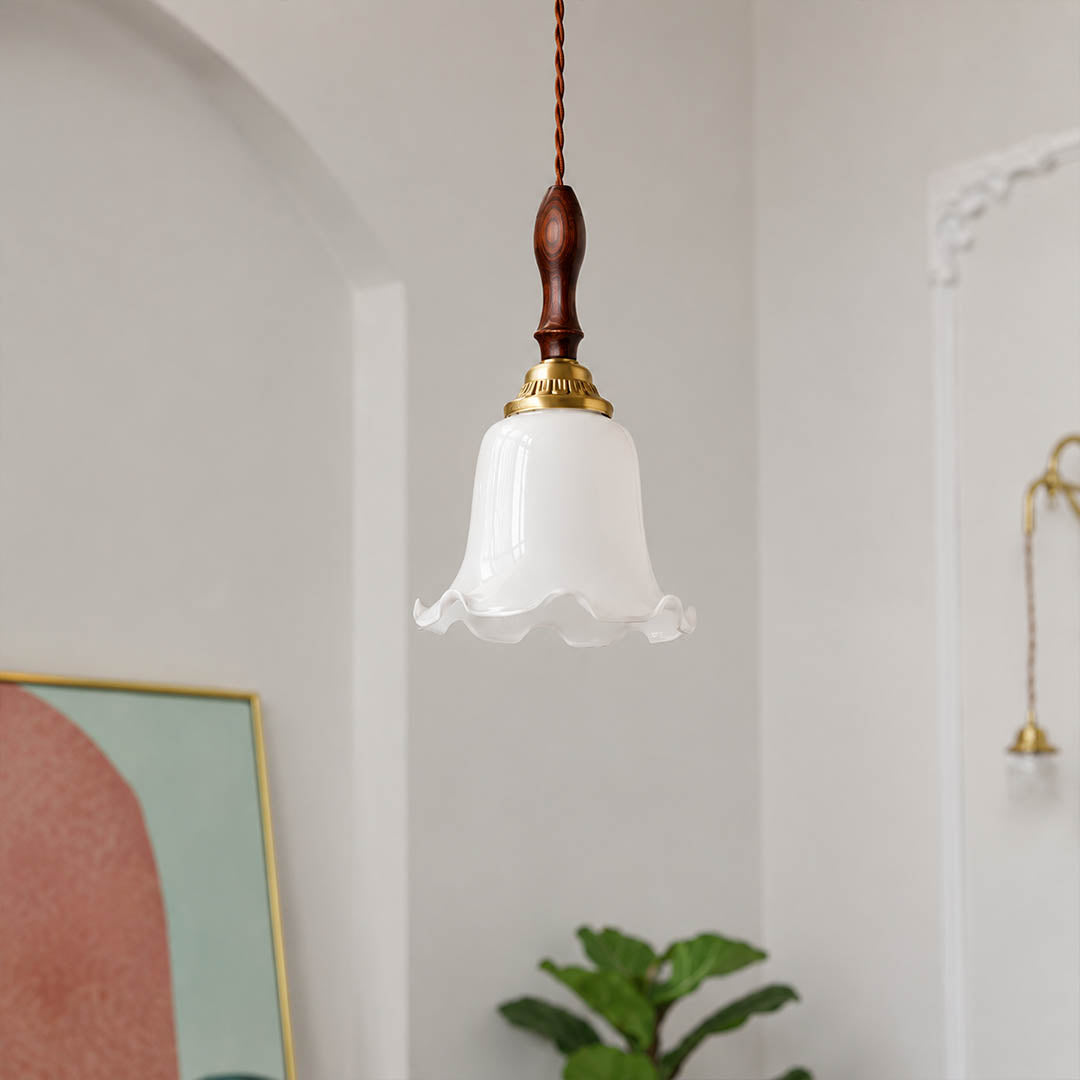Cora Mini pendant milky opaque glass uniform soft glow no glare hand blown flower petals close up detail