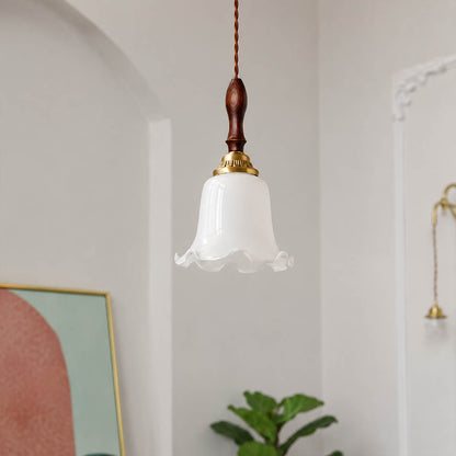 Cora Mini pendant milky opaque glass uniform soft glow no glare hand blown flower petals close up detail