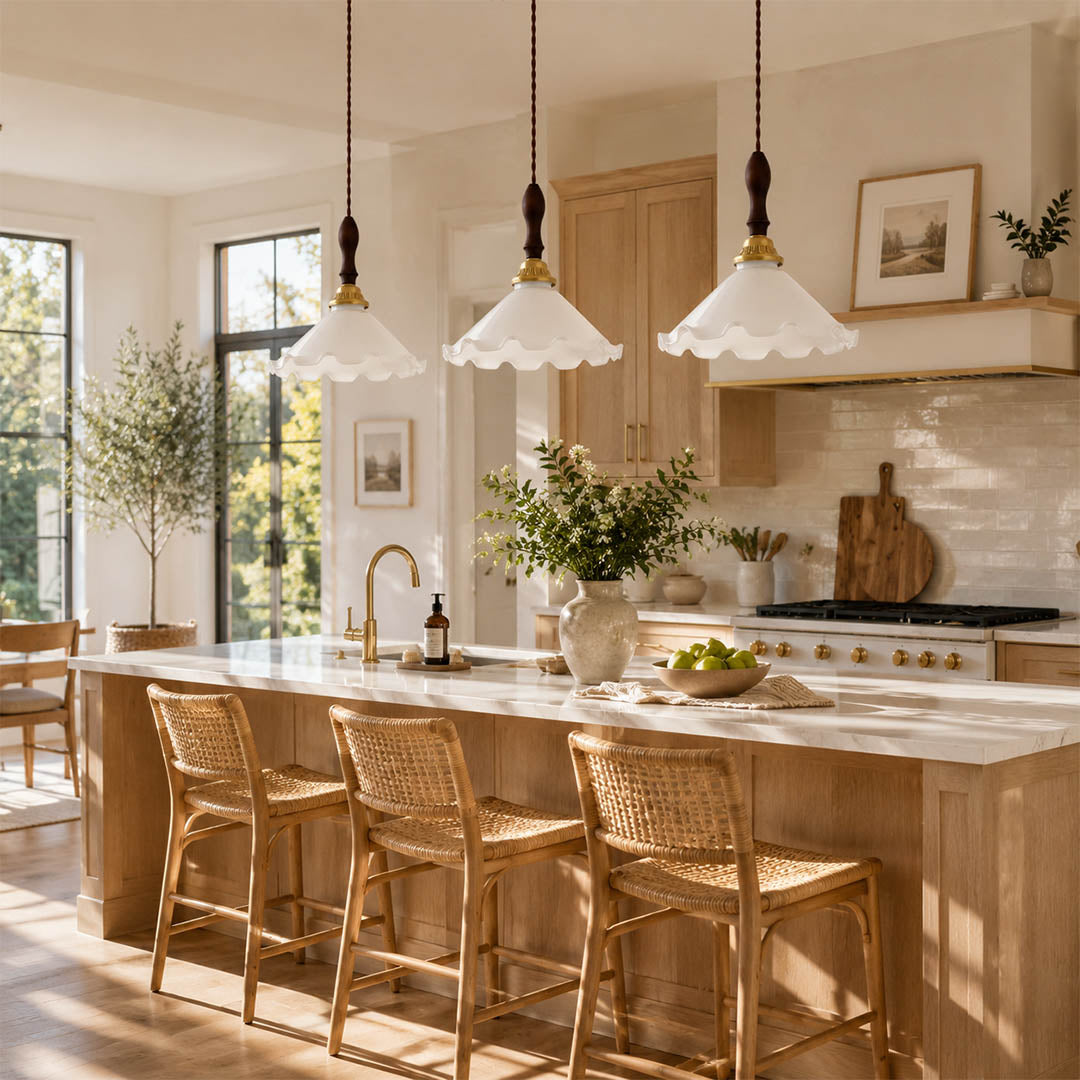 Cora Mini pendant cluster above long rectangular dining table modern open plan dining warm milky brass wood interior