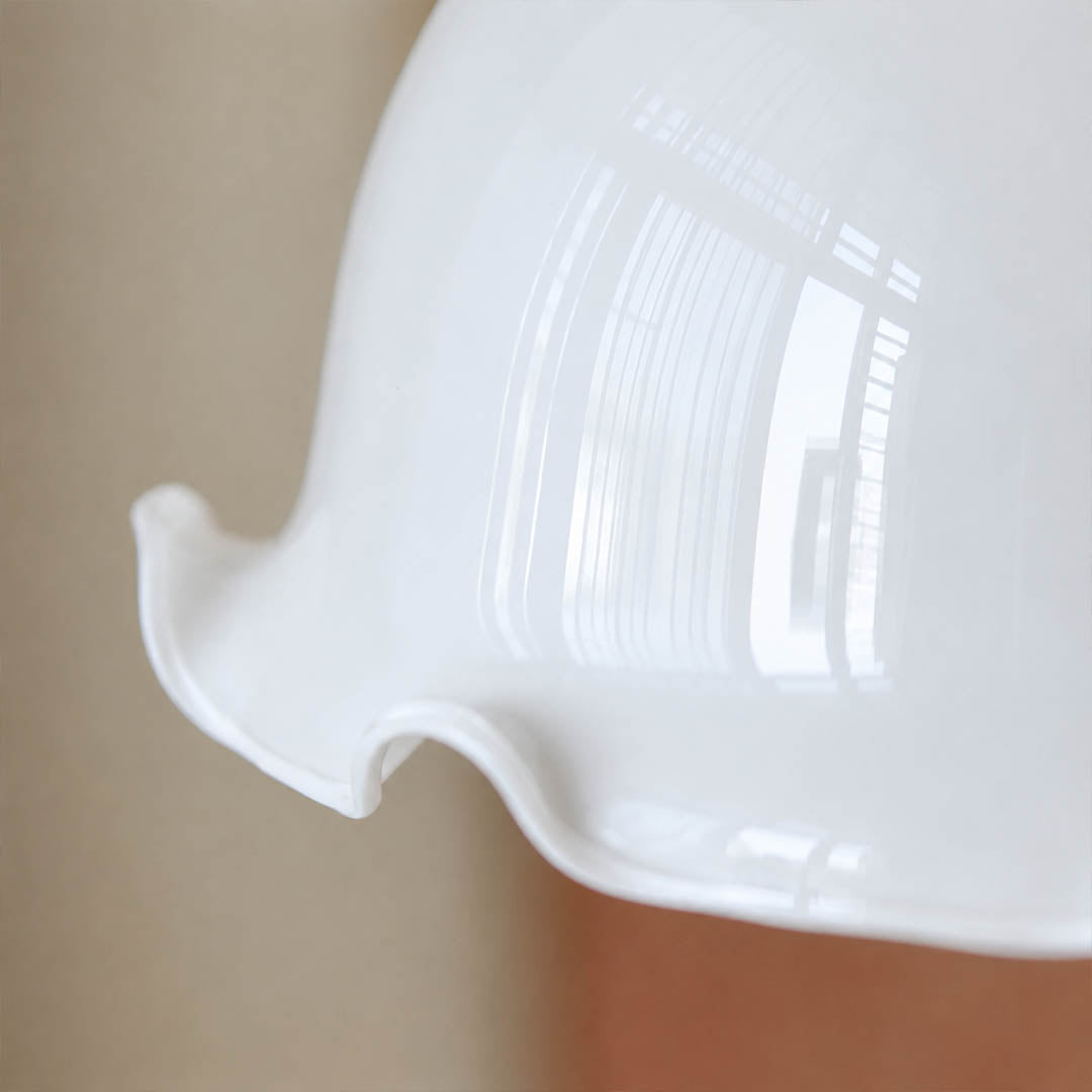 Cora Mini pendant milky opaque glass uniform soft glow no glare hand blown flower petals close up detail