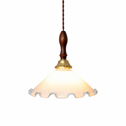 Cora Mini milky white glass flower pendant 9.8 inch brass collar ash wood top hand blown opaque large statement white background
