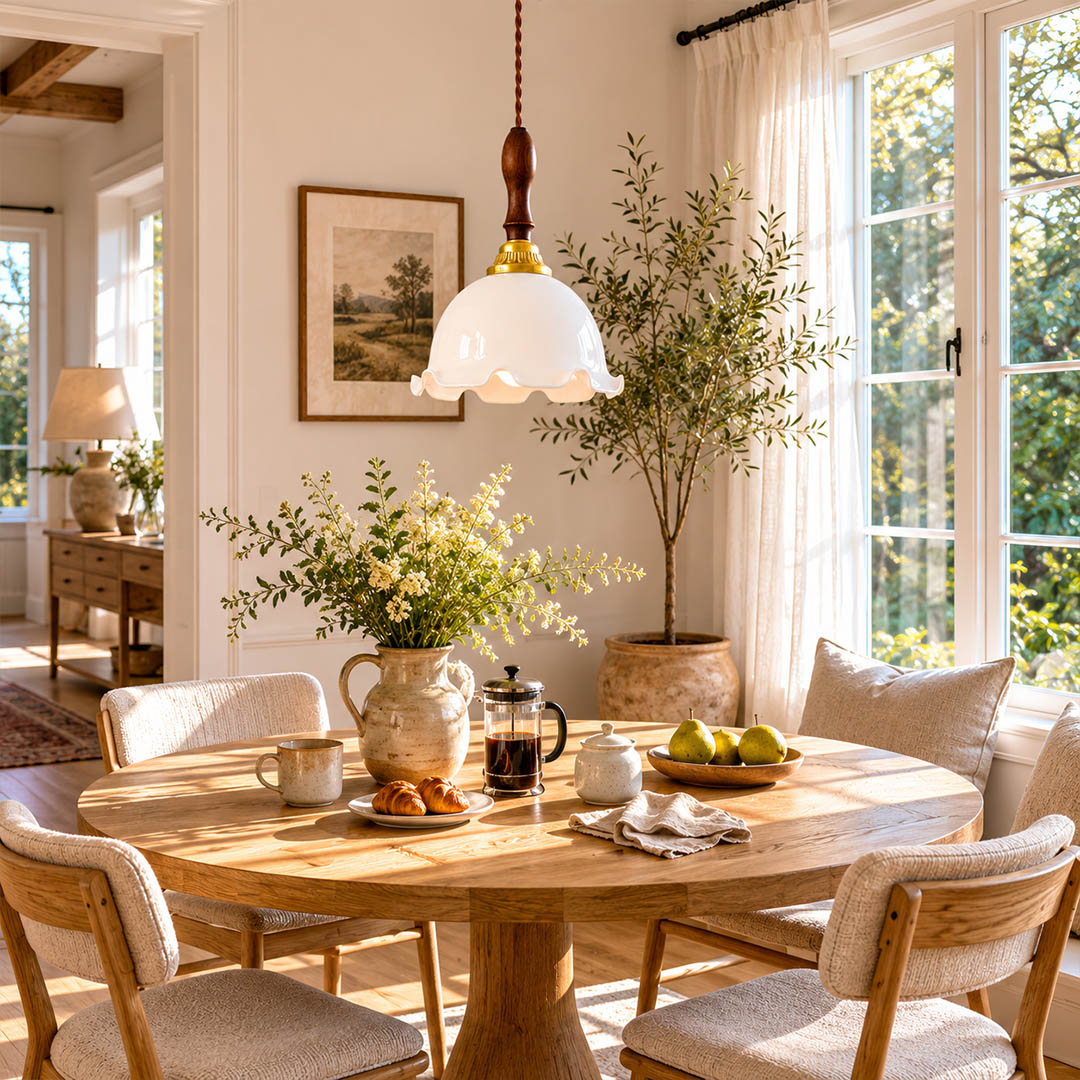 Cora Mini pendant cluster above long rectangular dining table modern open plan dining warm milky brass wood interior