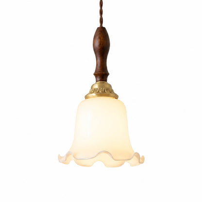 Cora Mini milky white glass flower pendant 5.9 inch brass collar ash wood top hand blown opaque white background