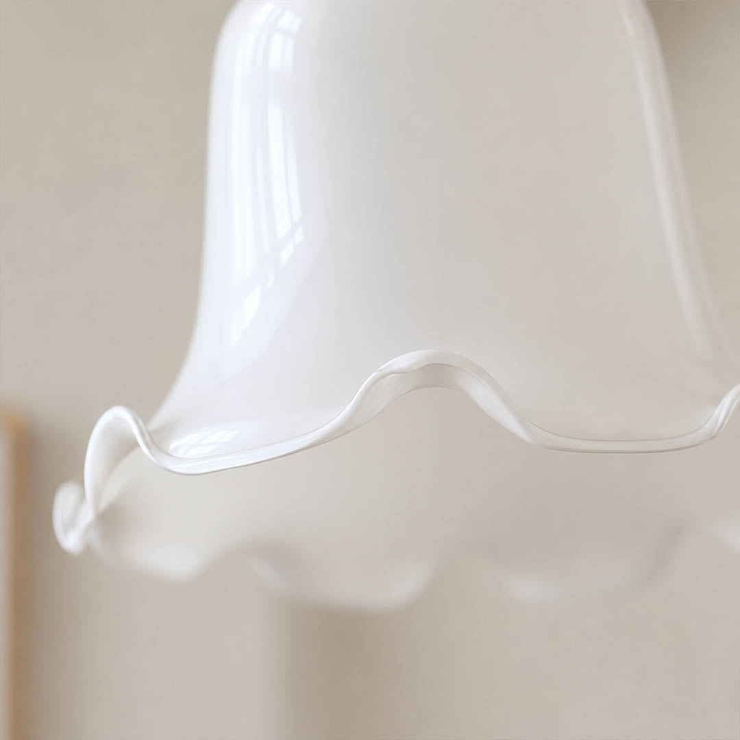Cora Mini pendant milky opaque glass uniform soft glow no glare hand blown flower petals close up detail