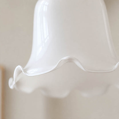 Cora Mini pendant milky opaque glass uniform soft glow no glare hand blown flower petals close up detail