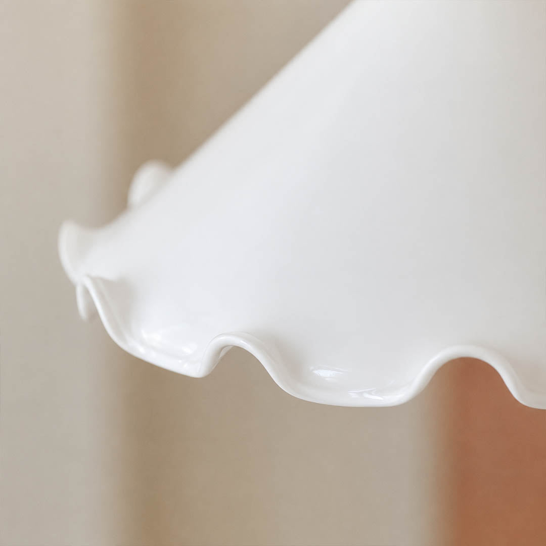 Cora Mini pendant milky opaque glass uniform soft glow no glare hand blown flower petals close up detail