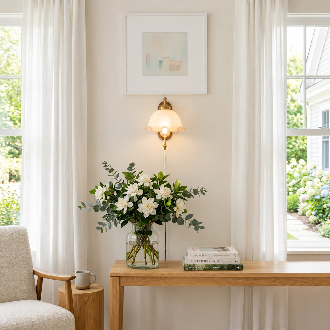 Cora plug in wall sconce narrow hallway corridor warm milky white glow renter friendly cord routing modern interior