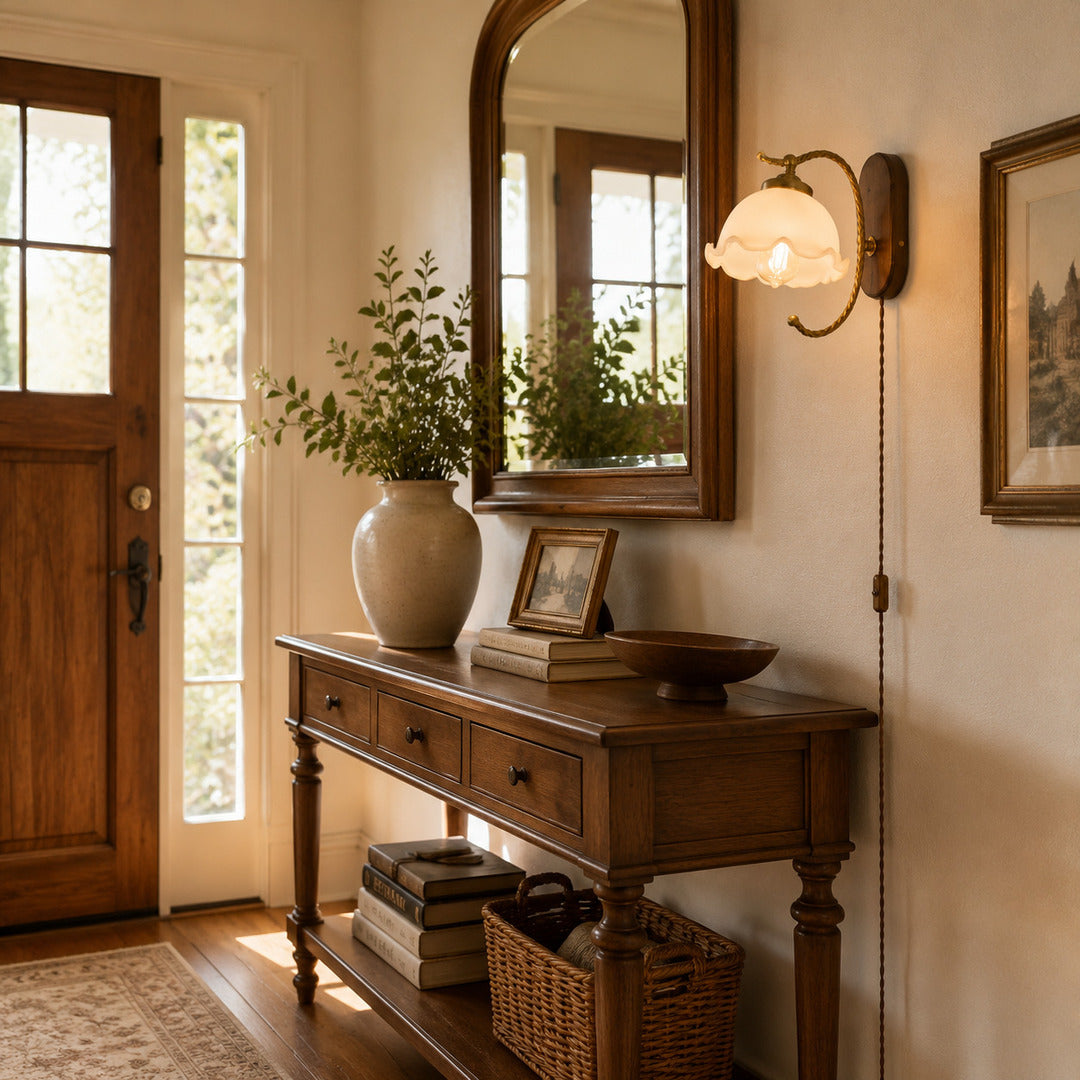 Cora plug in wall sconce narrow hallway corridor warm milky white glow renter friendly cord routing modern interior