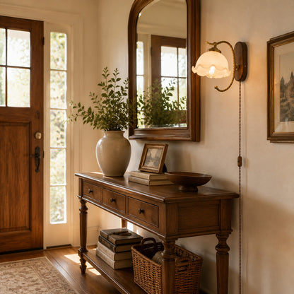 Cora plug in wall sconce narrow hallway corridor warm milky white glow renter friendly cord routing modern interior