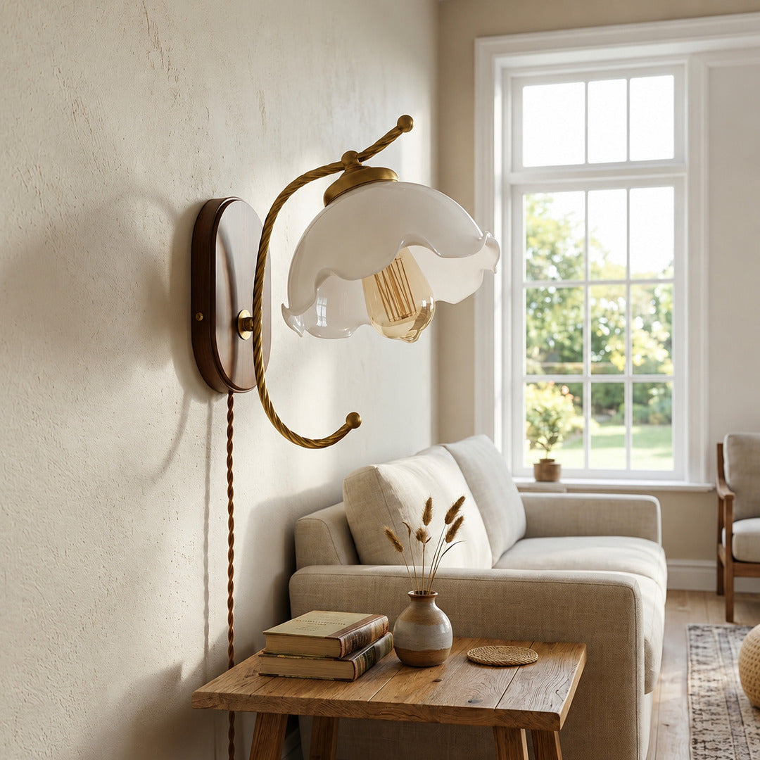 Cora plug in wall sconce single behind sofa accent lighting modern living room warm milky glow interior
