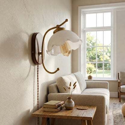 Cora plug in wall sconce single behind sofa accent lighting modern living room warm milky glow interior