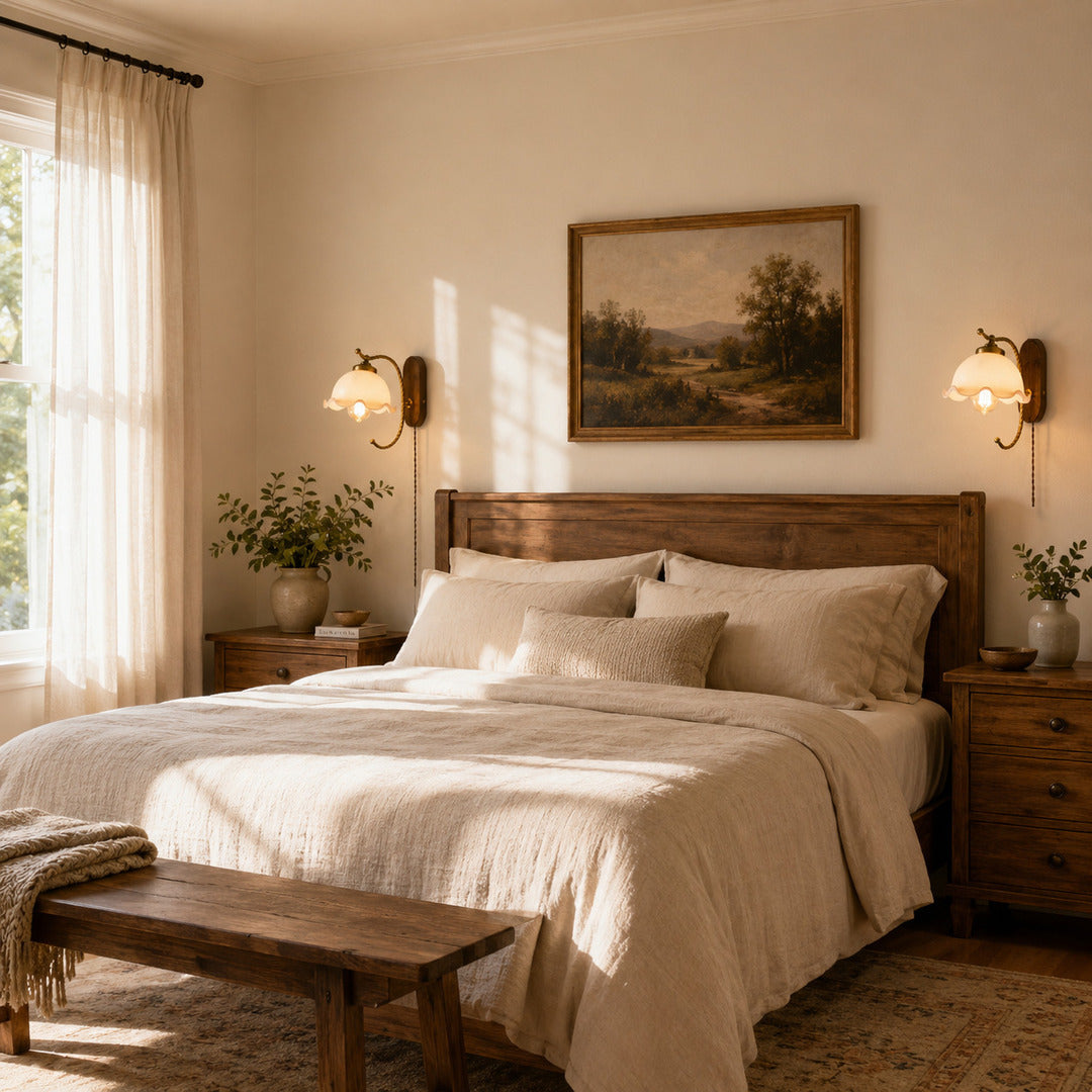Cora plug in wall sconce pair on either side of bed bedside reading warm milky glow modern bedroom renter friendly interior