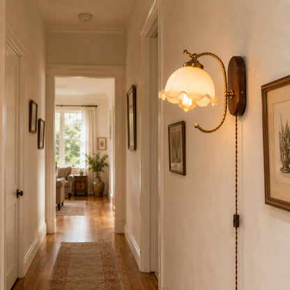 Cora plug in wall sconce narrow hallway corridor warm milky white glow renter friendly cord routing modern interior