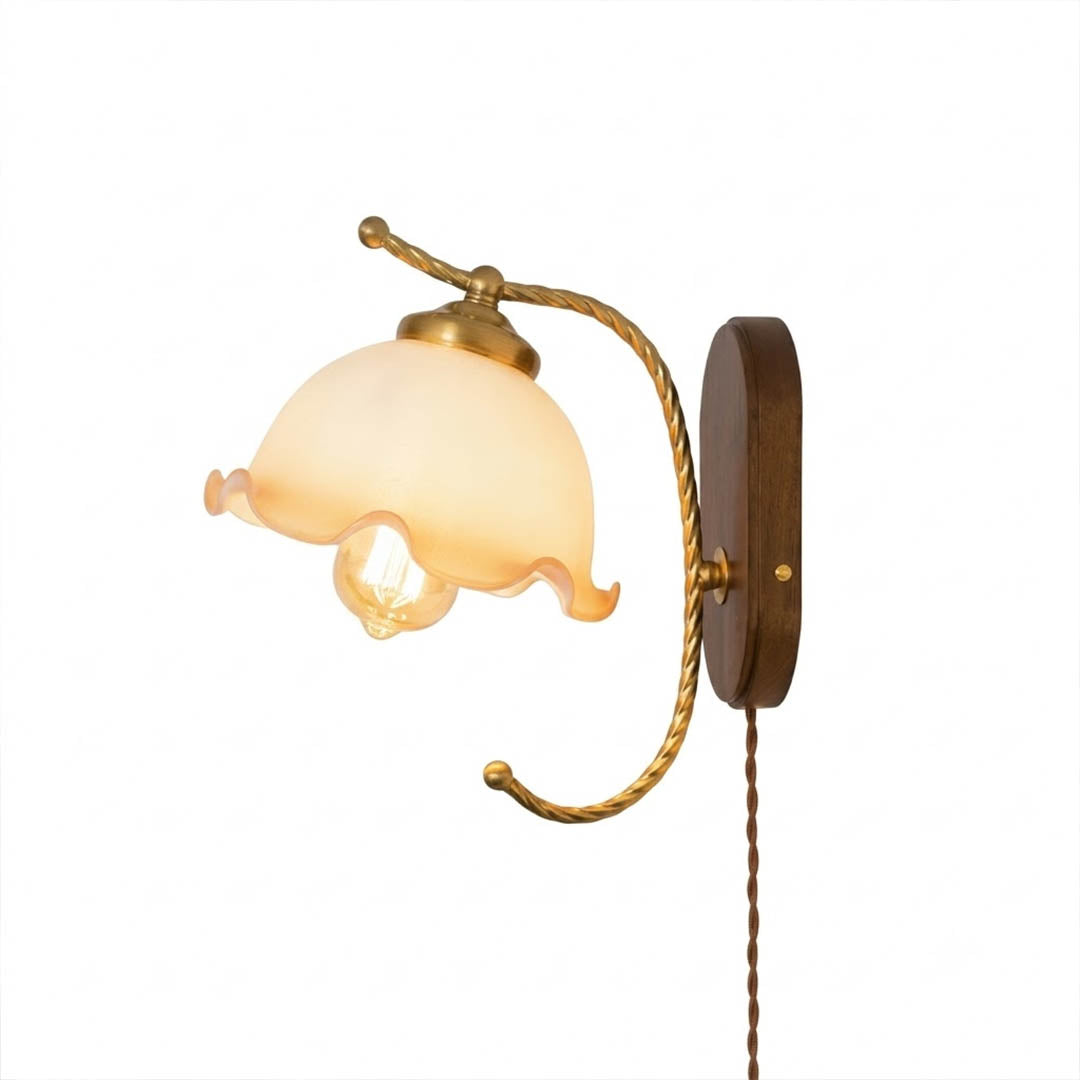Cora plug in wall sconce milky white flower glass shade wood mount brass collar 5.9 inch hand blown white background