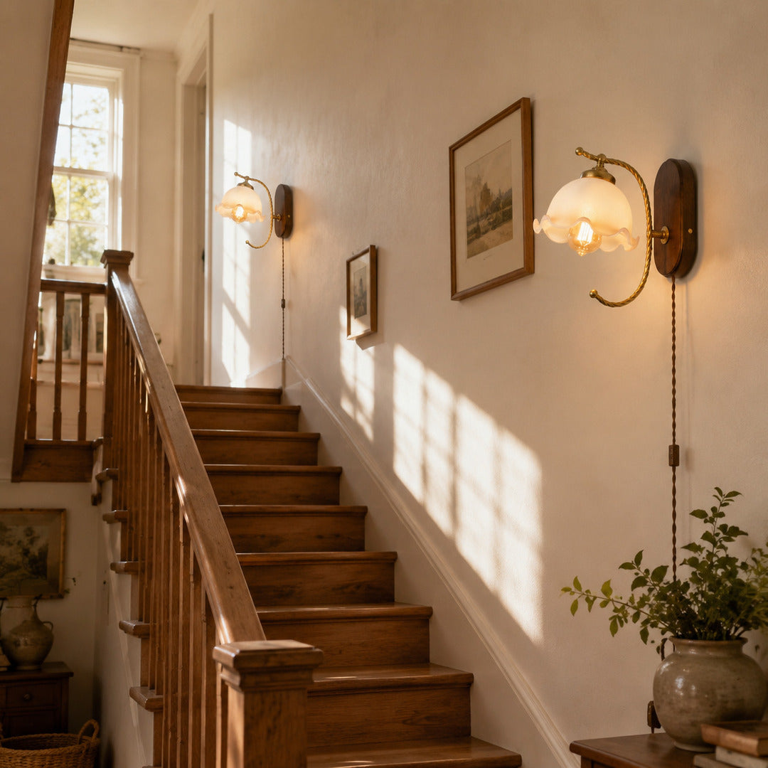 Cora plug in wall sconce narrow hallway corridor warm milky white glow renter friendly cord routing modern interior