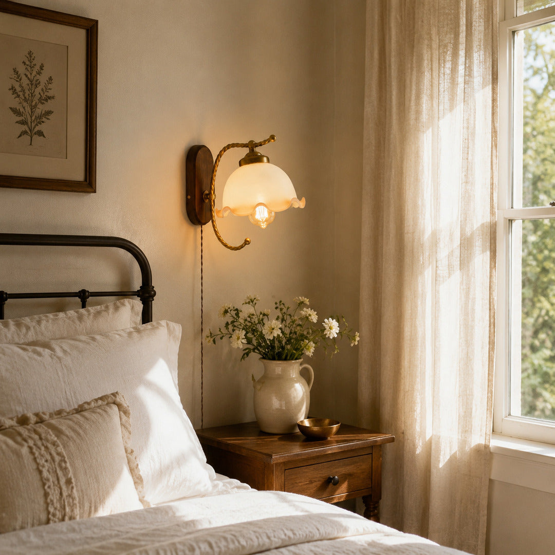 Cora plug in wall sconce pair on either side of bed bedside reading warm milky glow modern bedroom renter friendly interior