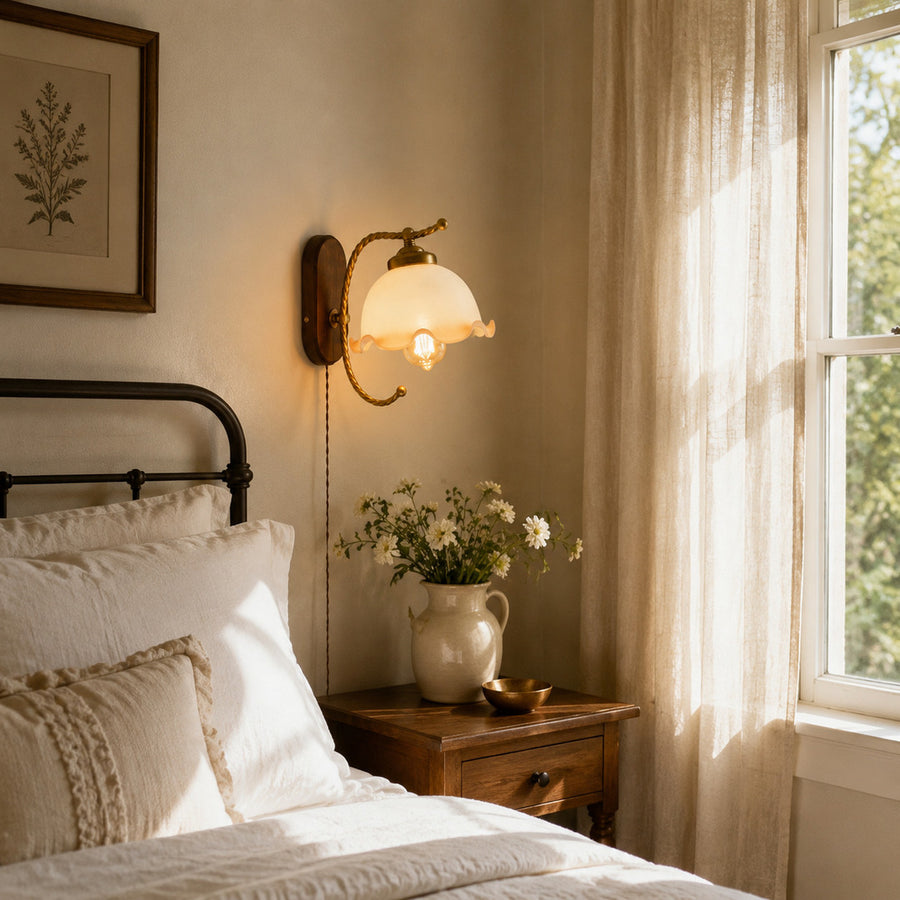 Cora plug in wall sconce pair on either side of bed bedside reading warm milky glow modern bedroom renter friendly interior