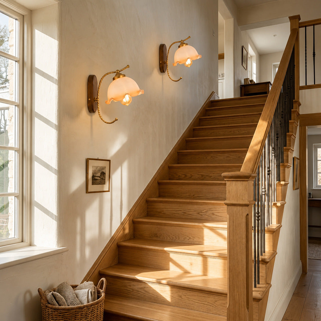 Cora plug in wall sconce narrow hallway corridor warm milky white glow renter friendly cord routing modern interior