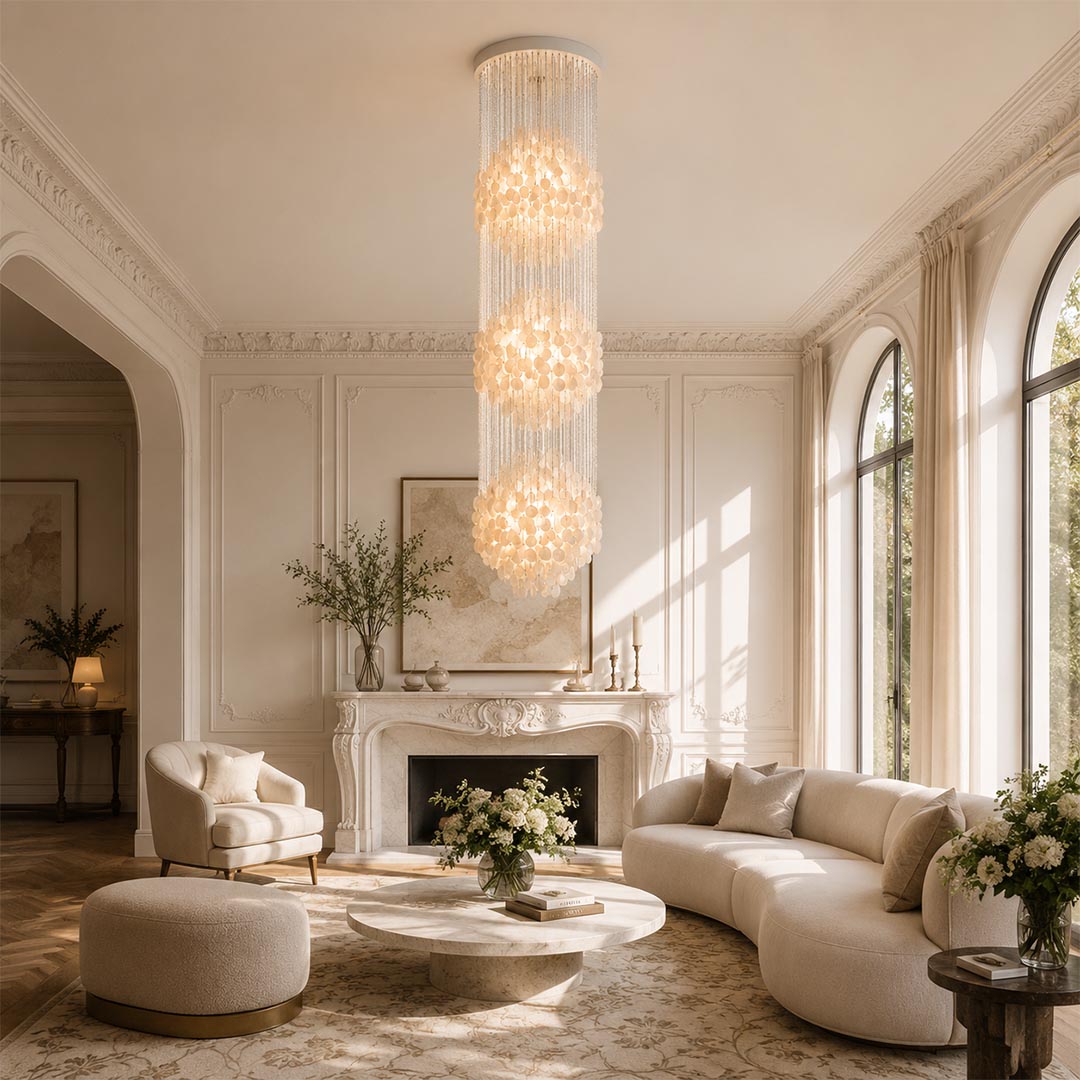 Three-tier Coralia FUN tall style staircase shell chandelier in a bright, elegant living room with arched windows.