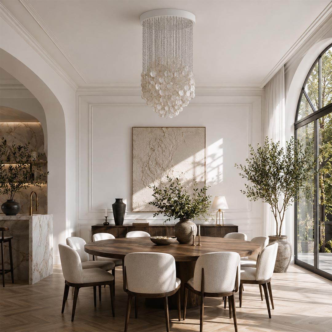 Modern Coralia FUN shell chandelier illuminating an organic modern dining room with a round wooden table.