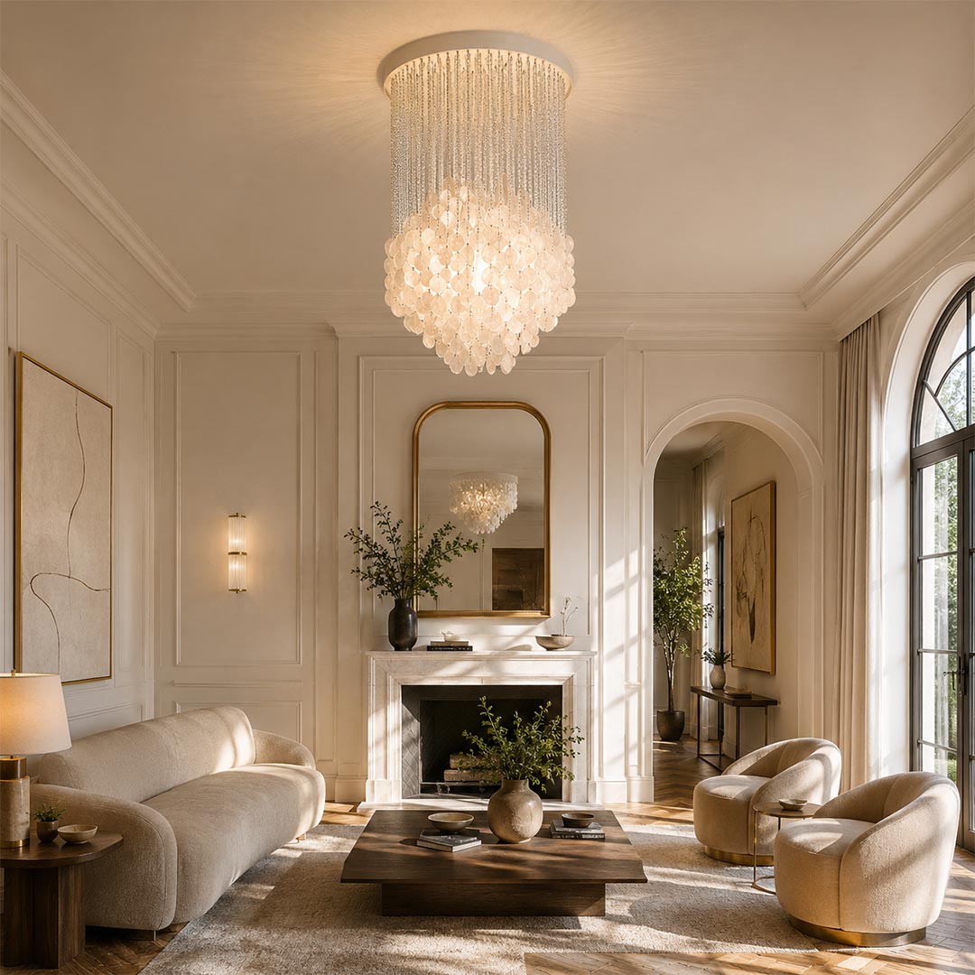 Coralia FUN shell pendant lighting hanging in a cozy wabi-sabi living room with a stone fireplace and cream chairs.