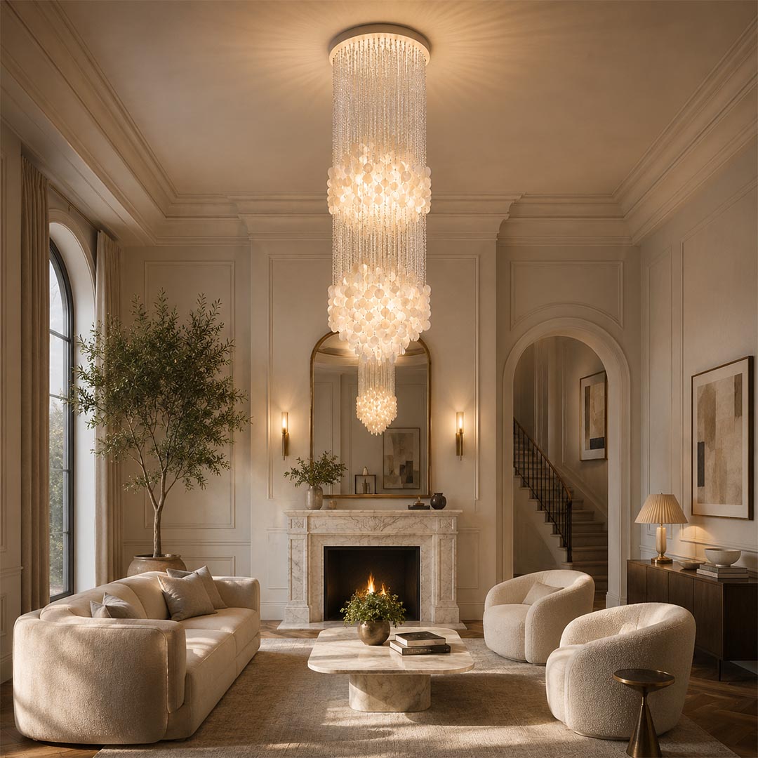 Long Coralia FUN tall style staircase shell chandelier in a high-ceiling living room with cream sofas and a fireplace.