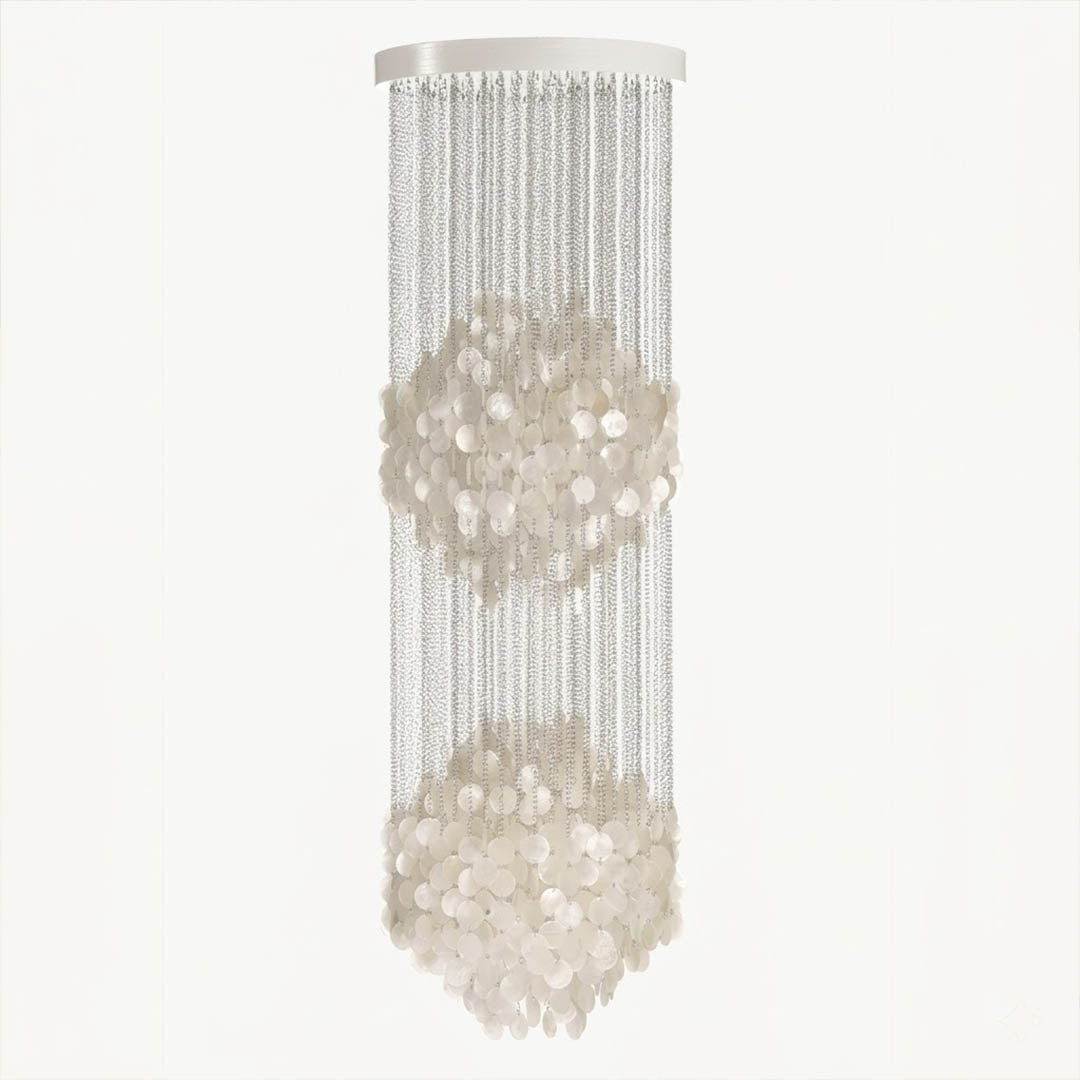 Coralia FUN tall style staircase shell chandelier 5DM 24 inch diameter 76 inch height 6 foot Mid Century designer Capiz shell tribute narrow vertical waterfall white background