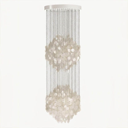 Coralia FUN tall style staircase shell chandelier 5DM 24 inch diameter 76 inch height 6 foot Mid Century designer Capiz shell tribute narrow vertical waterfall white background