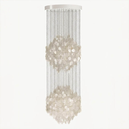 Coralia FUN tall style staircase shell chandelier 5DM 24 inch diameter 76 inch height 6 foot Mid Century designer Capiz shell tribute narrow vertical waterfall white background