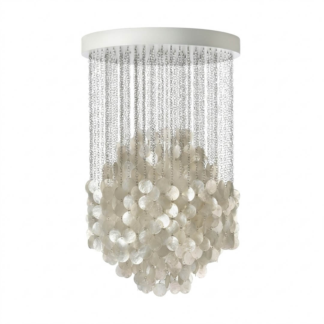 Coralia FUN tall style staircase shell chandelier 4DM 24 inch diameter 65 inch height 5 foot Mid Century designer Capiz shell tribute narrow vertical waterfall white background