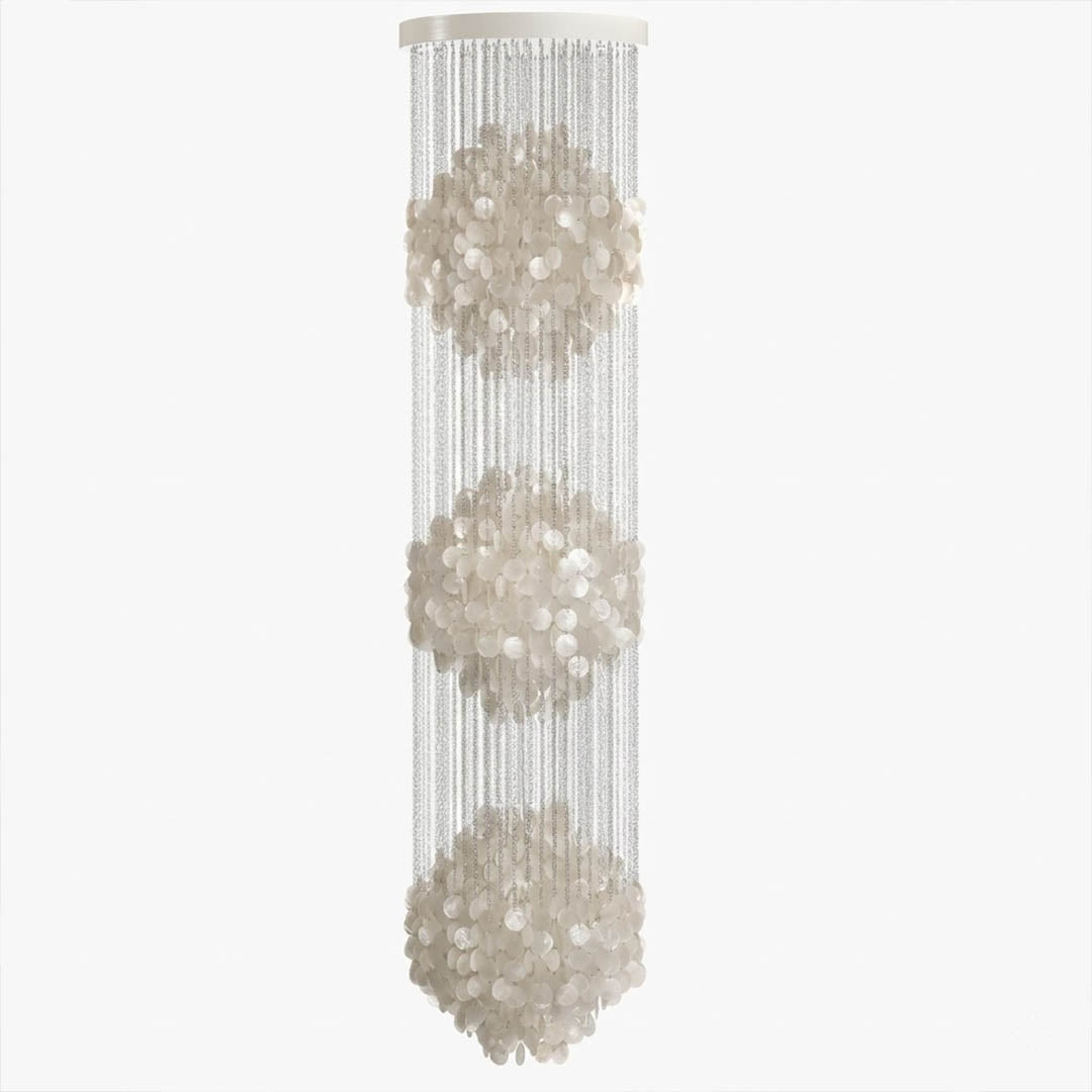 Coralia FUN tall style staircase shell chandelier 3DM 24 inch diameter 114 inch height 9 5 feet tall grand statement Mid Century designer Capiz shell tribute narrow vertical waterfall stairwell white background