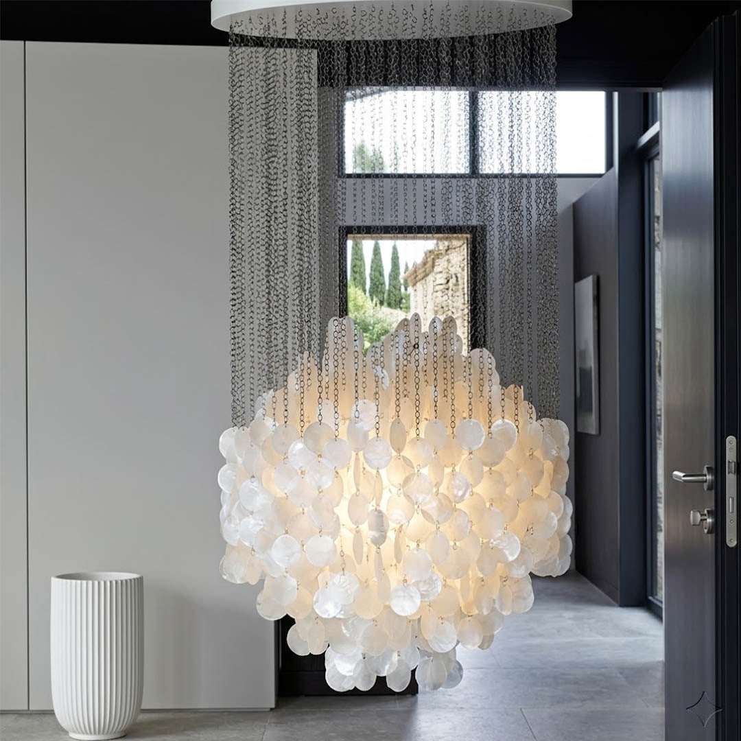Coralia FUN tall style staircase shell chandelier oceanfront modern mansion grand entry ocean view glass walls Coastal Mid Century designer mansion scale warm glow lifestyle interior