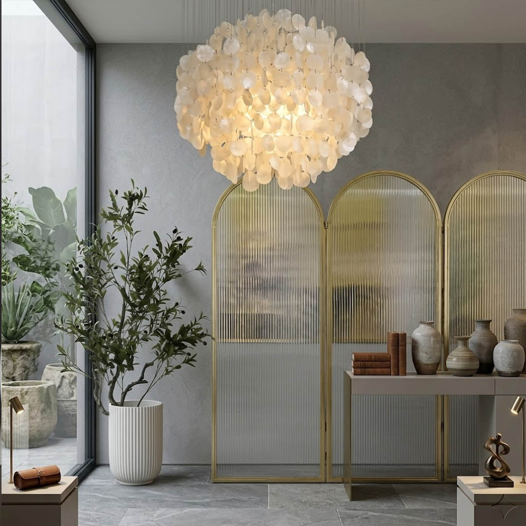 Coralia 4DM FUN tall style staircase shell chandelier open well stairwell vertical cascade 5 ft tall coastal Mid Century designer warm glow lifestyle interior