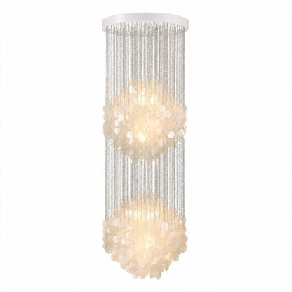 Coralia FUN tall style staircase shell chandelier 5DM 24 inch diameter 76 inch height 6 foot Mid Century designer Capiz shell tribute narrow vertical waterfall white background